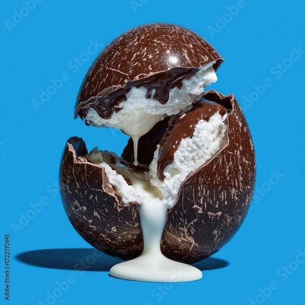 Fototapeta Chocolate ice cream sphere, cracked open, drips