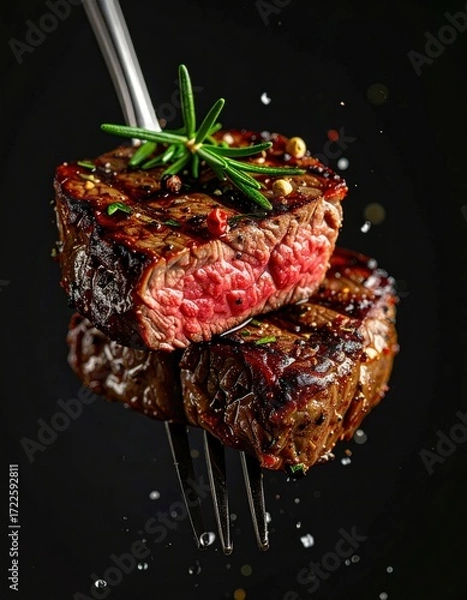 Obraz Succulent, grilled beef tenderloin medallions, peppered, rosemary garnish on fork, against black background with salt-like flecks