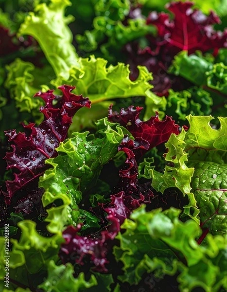 Obraz Vibrant close-up of curly green and purple kale leaves, creating a textured and visually appealing pattern. Crisp and fresh appearance