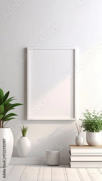 Obraz Clean, minimalist interior with a white blank frame, plants in pots, and a stack of books against a white wall on a pale wooden floor