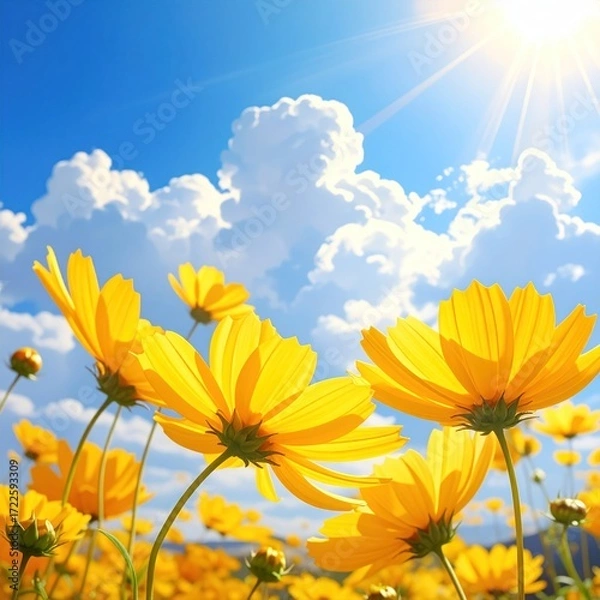 Obraz Radiant yellow flowers bask in sunlight under a clear blue sky with fluffy white clouds, exuding warmth and vibrancy in a serene natural scene