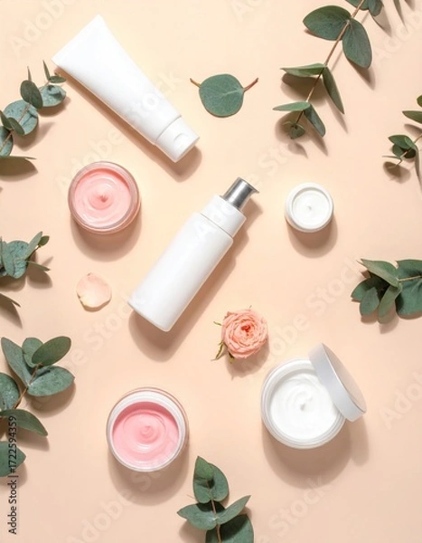 Obraz Assortment of cosmetic bottles, jars, and eucalyptus leaves is presented against a soft peach background, with scattered pink rose petals