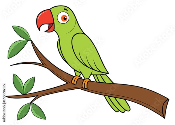 Fototapeta Cartoon green parrot with red beak sitting on a tree branch with leaves bird