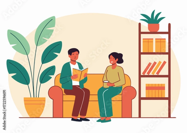Fototapeta Couple on sofa reading book and drinking coffee with plants and bookshelf in background woman