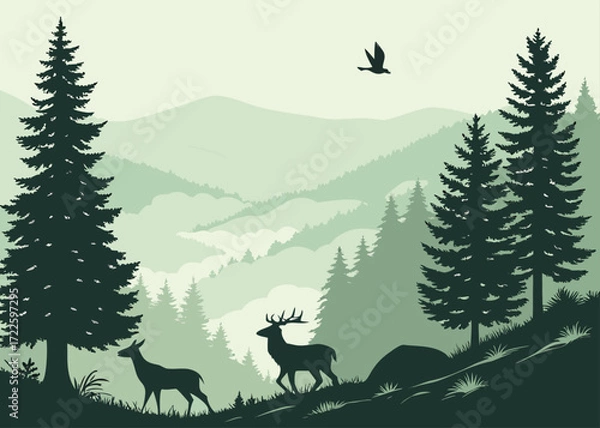 Fototapeta Deer and pine trees on a hillside with misty mountains in the background animal bird