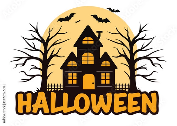 Fototapeta Halloween Illustration with a Haunted House Silhouetted Trees Bats a Fence and the Word Halloween Keywords: Halloween, haunted house, spooky, bats, full moon, trees, fence, silhouette