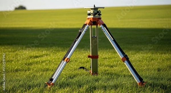 Fototapeta Geodetic Surveying Tripod Base in Expansive Green Field, Precision Land Measurement Tool.