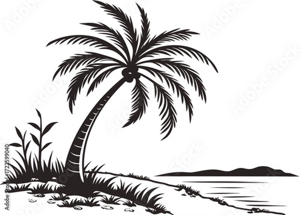 Fototapeta Silhouette of a leaning palm tree on a beach with grass and distant hills ocean water