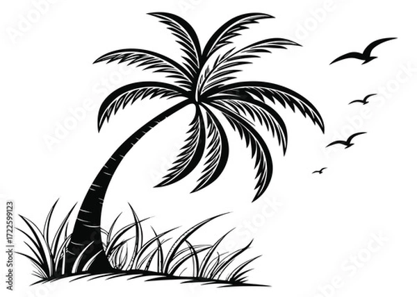 Fototapeta Silhouette of a Leaning Palm Tree with Grass and Flying Birds tropical beach