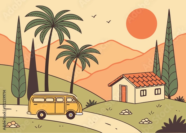 Fototapeta Stylized illustration of a yellow van driving on a road past palm trees and a small house in a hilly landscape with a sun and birds