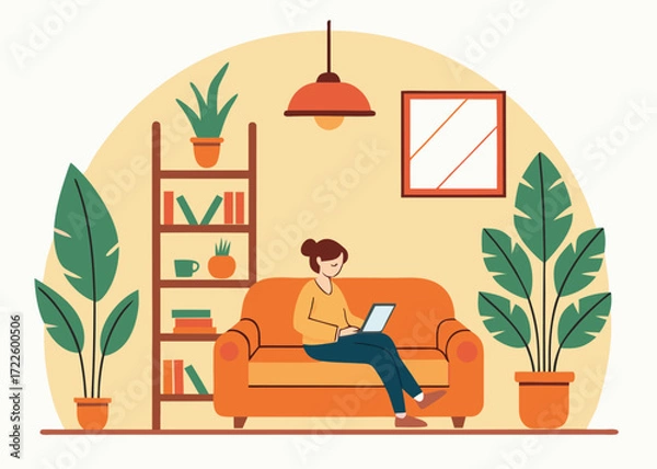 Fototapeta Woman working on laptop on sofa surrounded by plants and bookshelves in a cozy room computer home