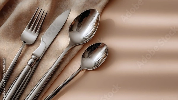 Fototapeta Elegant stainless steel cutlery set arranged on beige background with soft shadow and generous negative space for modern branding, advertising, kitchen and dining design concepts.