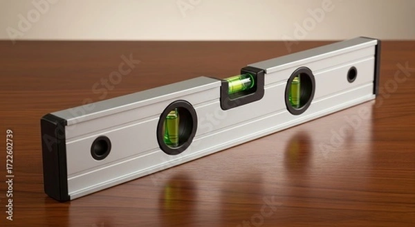 Fototapeta Precision Silver Spirit Level Tool with Centered Bubble on Reflective Wooden Surface.