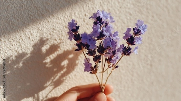 Fototapeta Minimal hand holding lavender sprig with soft shadow on bright cream wall, empty background space ideal for wellness, aromatherapy, spa and organic skincare product presentations.