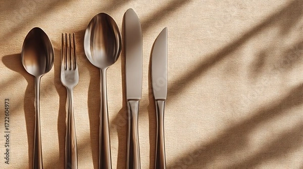 Fototapeta Flat lay stainless steel cutlery set on beige background with soft natural shadow and wide negative space, perfect for food styling, tableware design, and restaurant branding concepts.