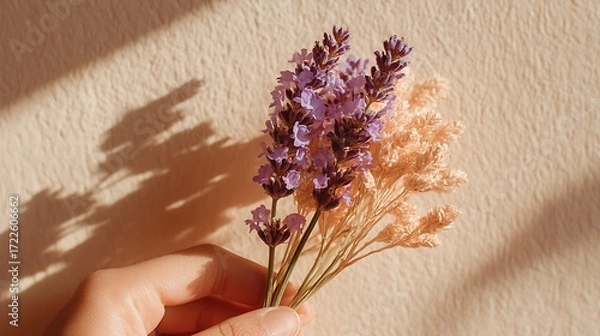 Fototapeta Elegant lavender sprig held in hand with soft shadow on light cream wall, minimal composition and empty space for spa, wellness, herbal beauty and product advertising concepts.