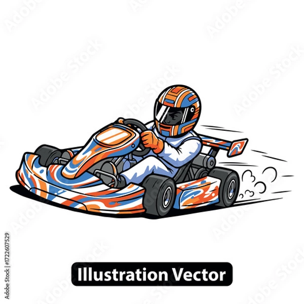 Obraz Illustration of a Person Driving a Go-Kart with a Distinctive Orange and Blue Design on a White Background