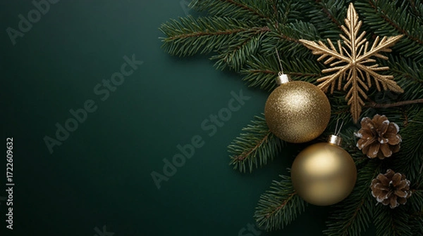Fototapeta Christmas ornament on green background. top view golden baubles and snowflake decoration with copy space