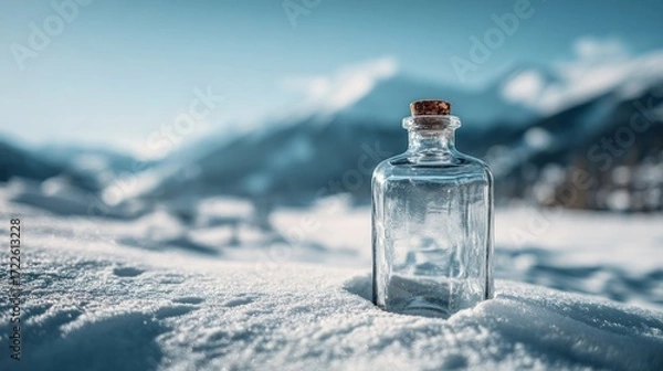 Fototapeta Clear glass bottle on snow with mountains in the background  