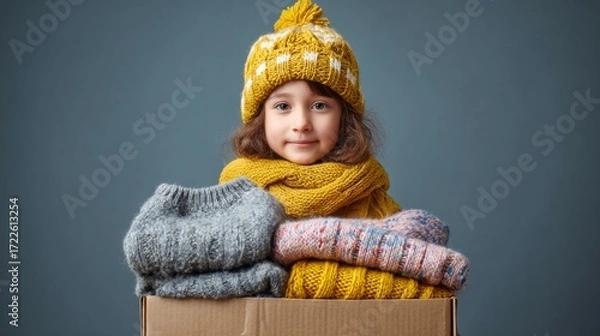 Fototapeta Child girl smiling while holding a box of winter clothes on grey background 