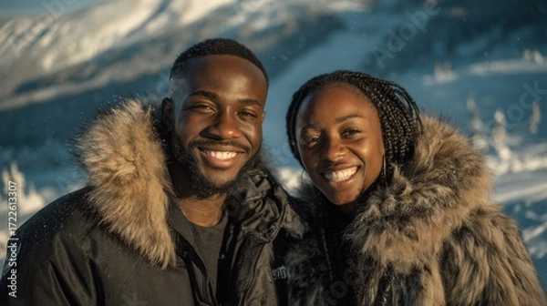 Fototapeta Happy black couple smiling together in snowy mountain landscape during winter vacation