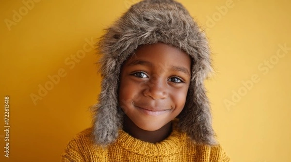 Fototapeta Happy black boy child smiling while wearing a grey hat and sweater against a yellow background  