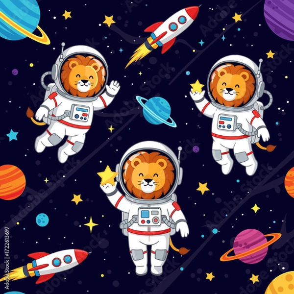 Fototapeta Cute cartoon lion astronauts explore vibrant space with planets and rockets Childhood adventure concept