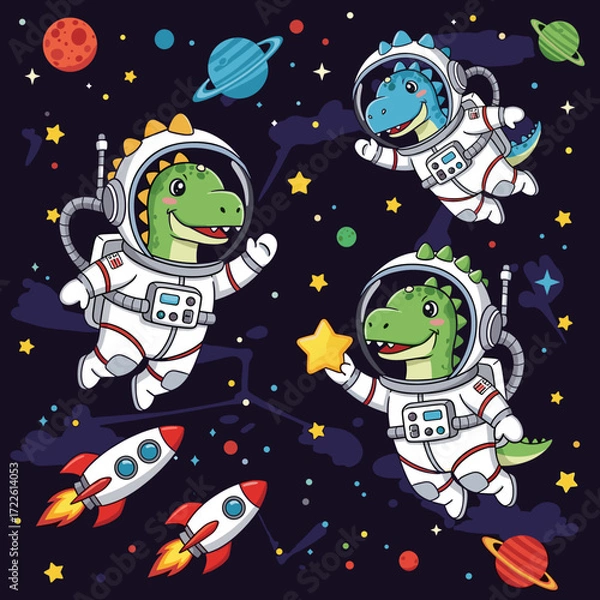 Fototapeta Happy cartoon dinosaurs exploring space in astronaut suits with planets stars and rockets Fun adventure