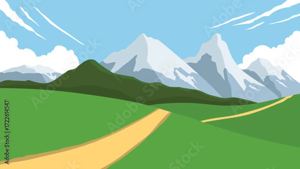 Fototapeta A background with a natural landscape theme, a road through hills with snow-capped mountains