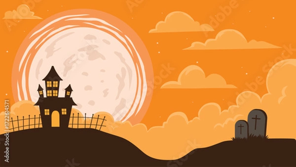 Fototapeta silhouette background with orange color, halloween theme background with big moon and haunted house