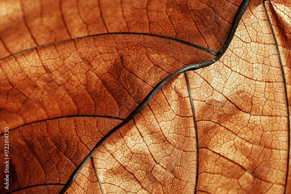 Fototapeta Autumn Dried leaf close up with natural veins pattern, brown leaf as nature background. Trend botanical design backdrop, environment pattern, fall seasonal still life macro trend, soft focus