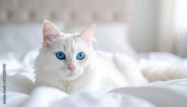 Fototapeta Majestic White Long Haired Cat with Piercing Blue Eyes Relaxing on White Bedding in Bright Indoor Setting