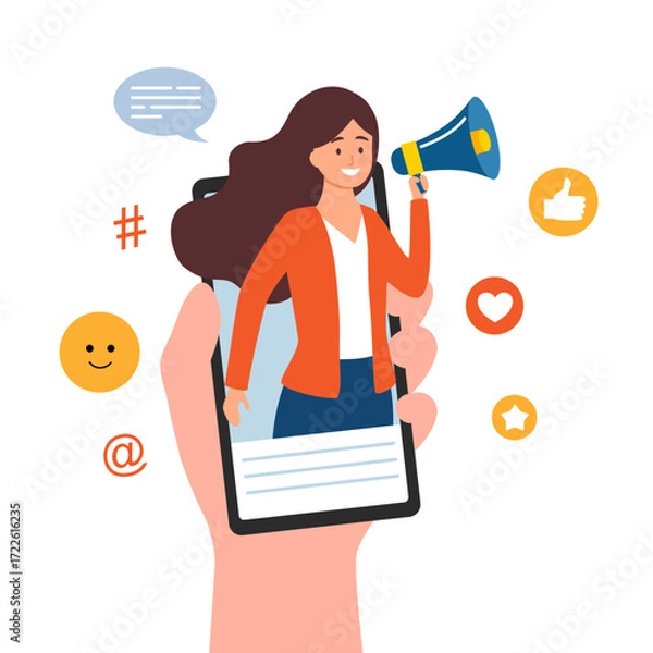 Fototapeta internet advertisement. Hand holding smartphone with a girl shouting in loud speaker. Influencer marketing, social media or network promotion