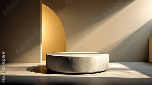 Fototapeta Simple round pedestal on beige background with upper space empty, perfect for product promotion, minimalist advertising, home interior styling, branding mockup, and commercial visuals.