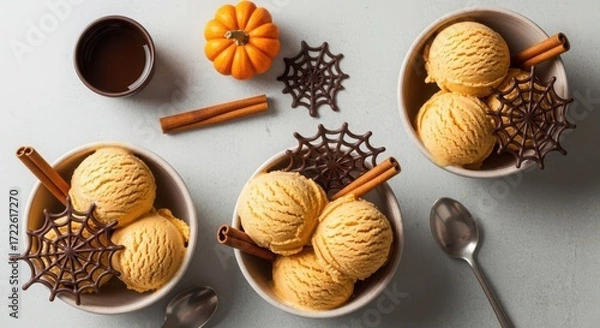Fototapeta Halloween pumpkin spice ice cream in bowls with spiderweb decoration