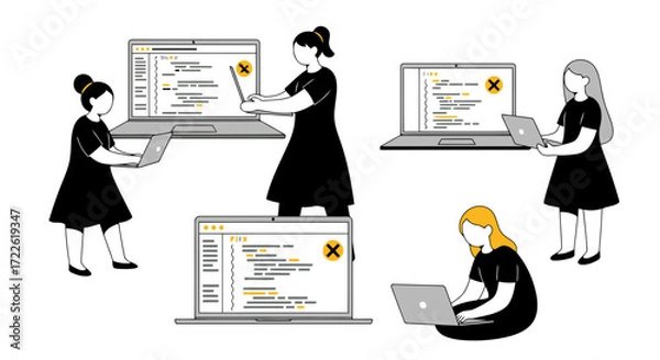Obraz Vector art of people programming on laptops