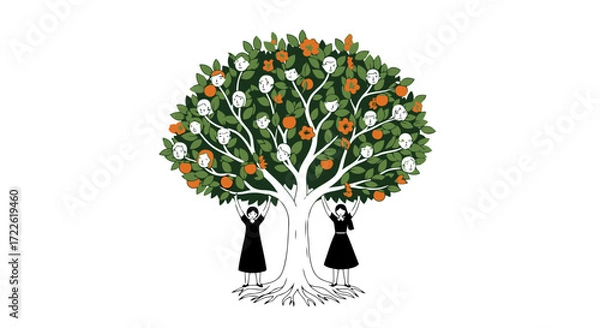 Obraz Vector art of two women reaching for fruit on a tree of faces
