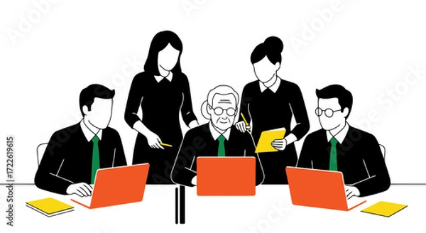 Obraz Vector art of business people gathered around a table with laptops