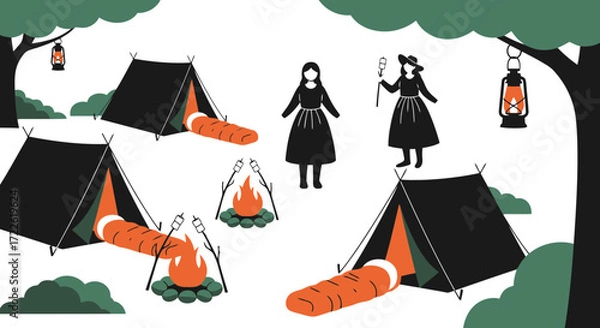 Obraz Vector art of camping scene with tents, campfire, and marshmallows