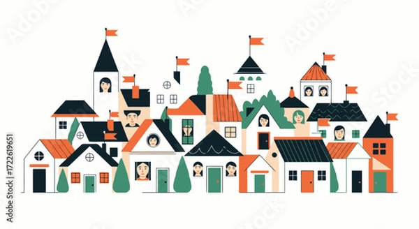 Obraz Vector art of quaint village with diverse houses and flags
