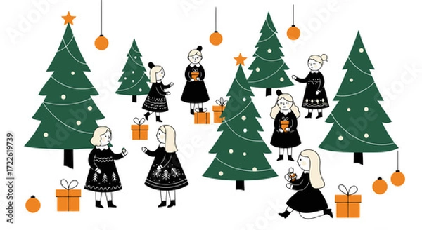 Obraz Vector art of children with christmas trees and gifts