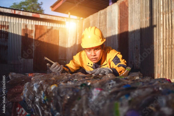 Fototapeta Recycling Inspector: A dedicated inspector, clad in protective gear, meticulously examines collected recyclables within an industrial setting, embodying the spirit of environmental stewardship.