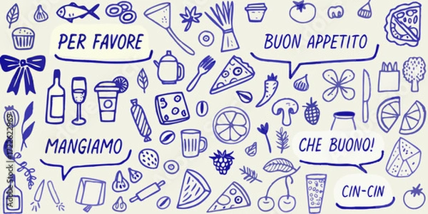 Fototapeta Fun hand drawn italian food phrases and icons with a whimsical doodle style