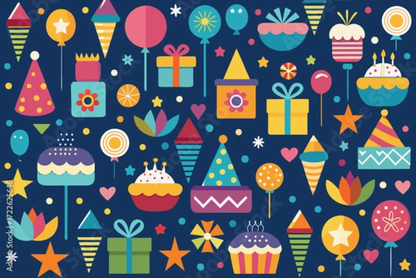 Fototapeta A vibrant and cheerful pattern featuring various party elements.