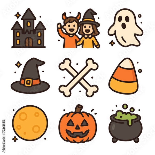 Fototapeta Halloweenthemed image features a ghost, witch, candy, and pumpkin symbols. Perfect for halloween party invitations, decorations, or social media posts.