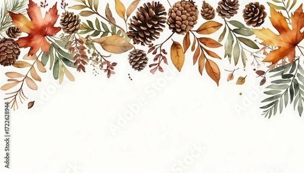 Fototapeta Autumn Botanical Border with Pinecones and Leaves