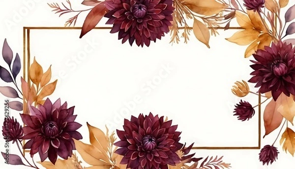 Fototapeta Autumn Floral Rectangular Frame with Burgundy Flowers