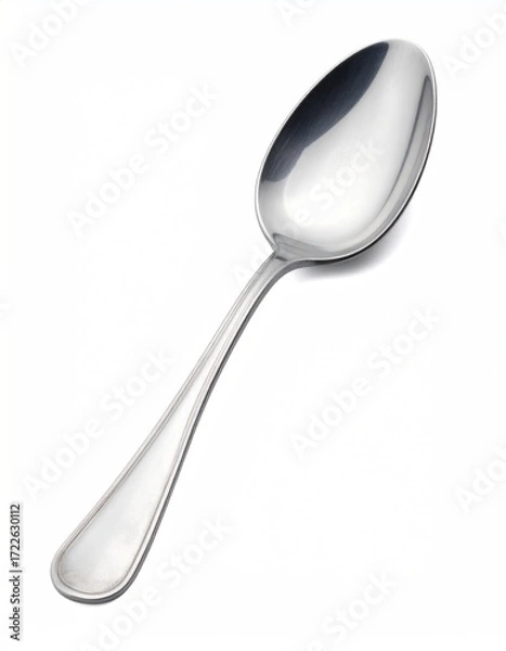 Fototapeta Polished metal spoon shines against a white background, its clean lines and simple design reflecting the light, suggesting elegance & utility