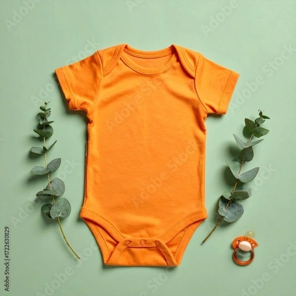 Fototapeta Flat lay featuring an orange baby onesie, eucalyptus sprigs, and a pacifier on a mint green background