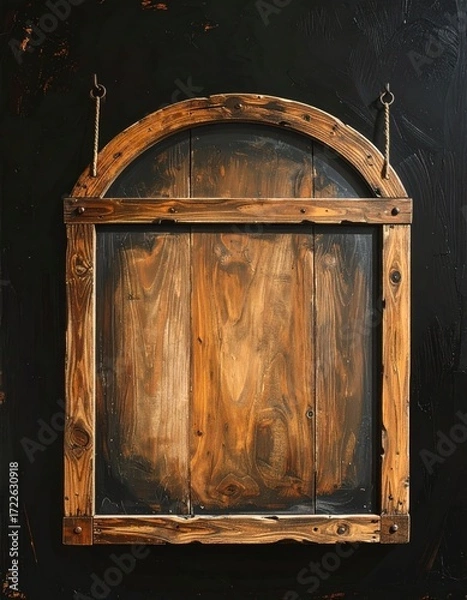 Fototapeta Weathered wood sign frame hangs from chain against a dark, textured background. Warm brown & black tones give rustic, vintage aesthetic